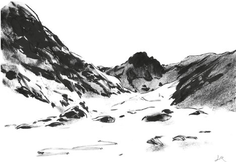 La face nord-ouest des Pics d'Ailefroide - Dessin inédit au fusain de Jean-Marc Rochette