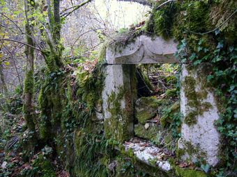 Linteau parmi les ruines du moulin sous Marchamp
