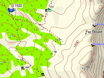 Extrait de carte Garmin GPS Topo V2 assemblée avec l'extrait correspondant de la carte transparente