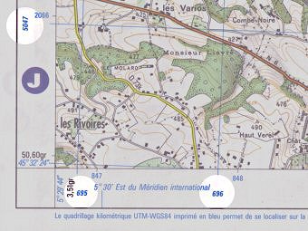 Quadrillage UTM-WGS84 imprimé en bleu sur les cartes IGN