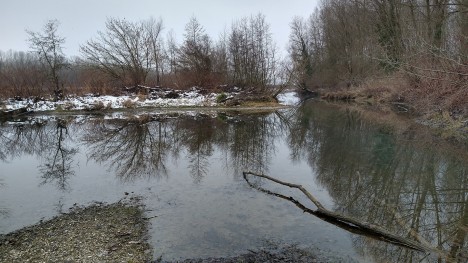 Une plage de graviers au bord d'une lône qui précise l'Ile de l'Espérance