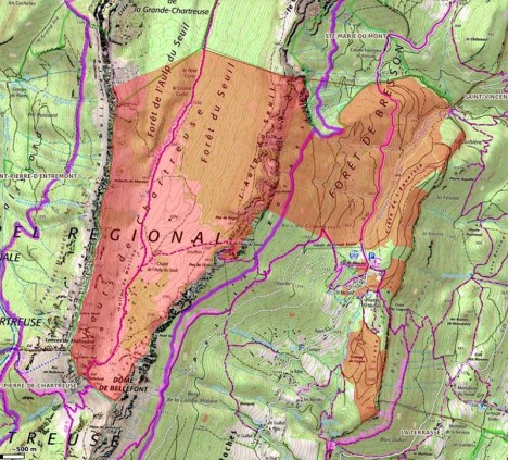 Limites de la propriété privée qui interdit un vaste secteur des Hauts de Chartreuse, sept. 2023