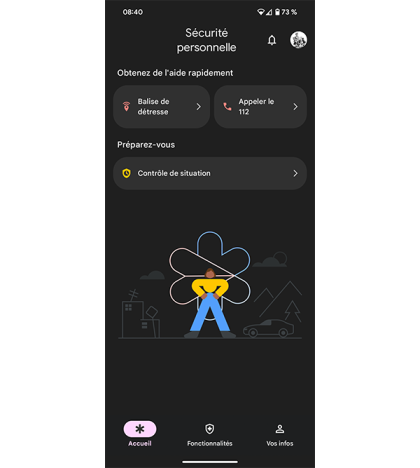 Écran d'accueil de l'application Sécurité Personnelle d'Android