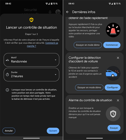 Deux copies d'écran de l'application Sécurité personnelle d'Android : le contrôle de situation, le paramétrage des principales fonctions
