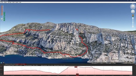 Trace et profil d'un parcours relevé dans les Calanques avec un récepteur GPS